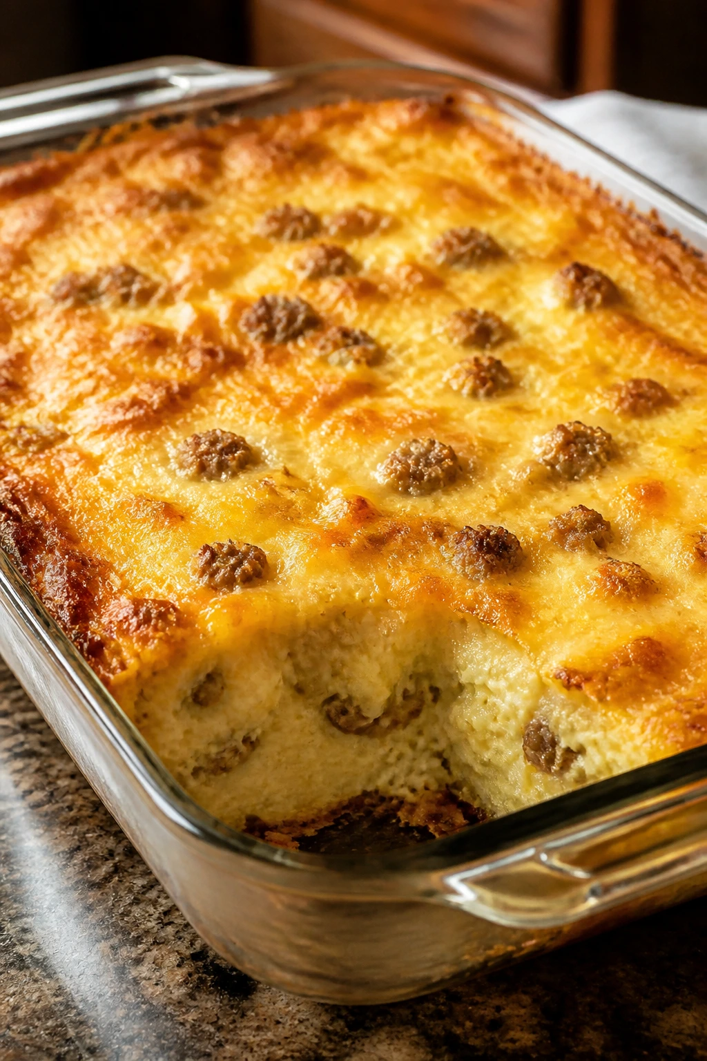 Close-up of hash brown breakfast casserole with crispy edges and cheesy top