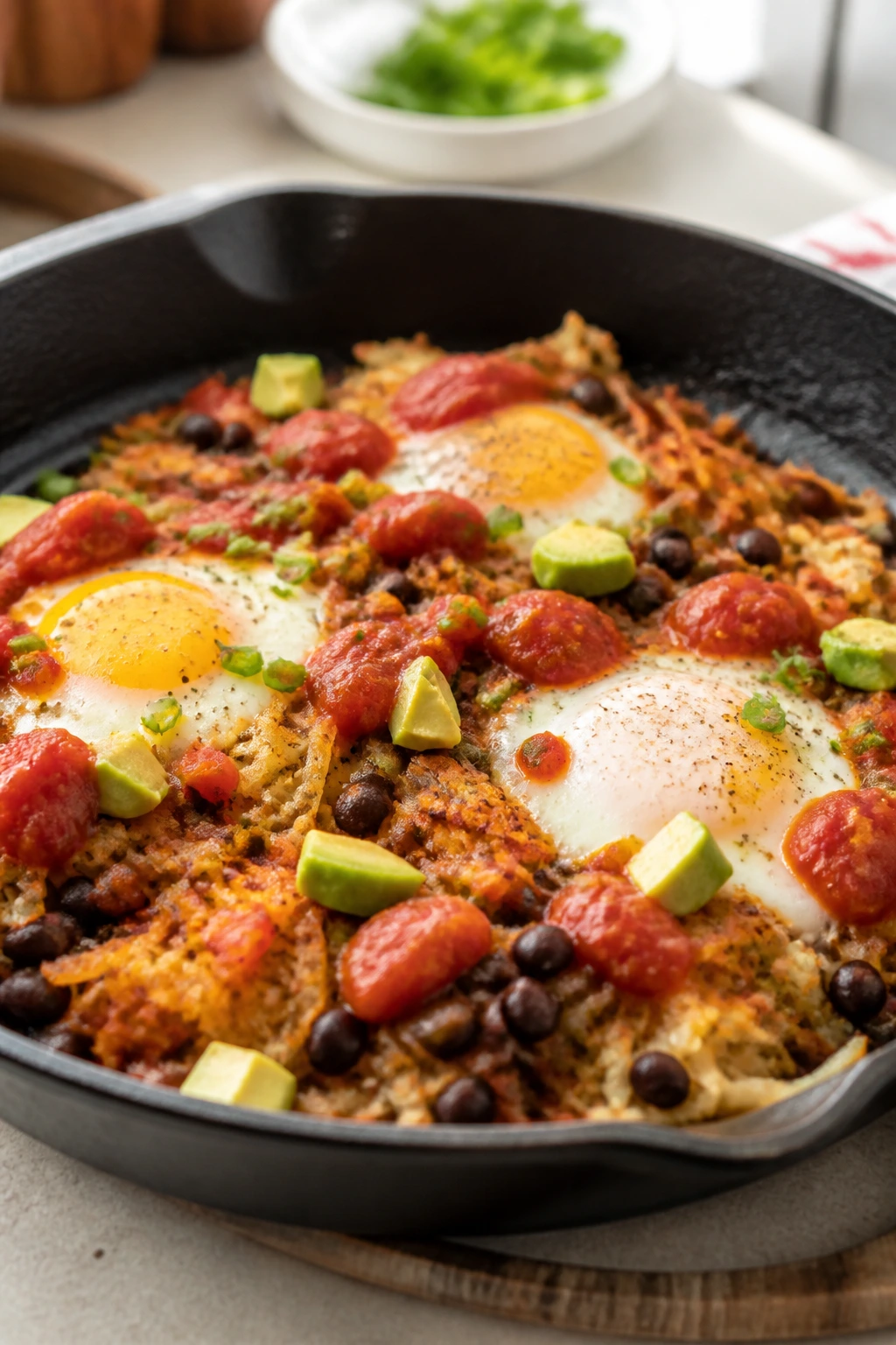 Hash browns with eggs and salsa in a skillet in a bright kitchen