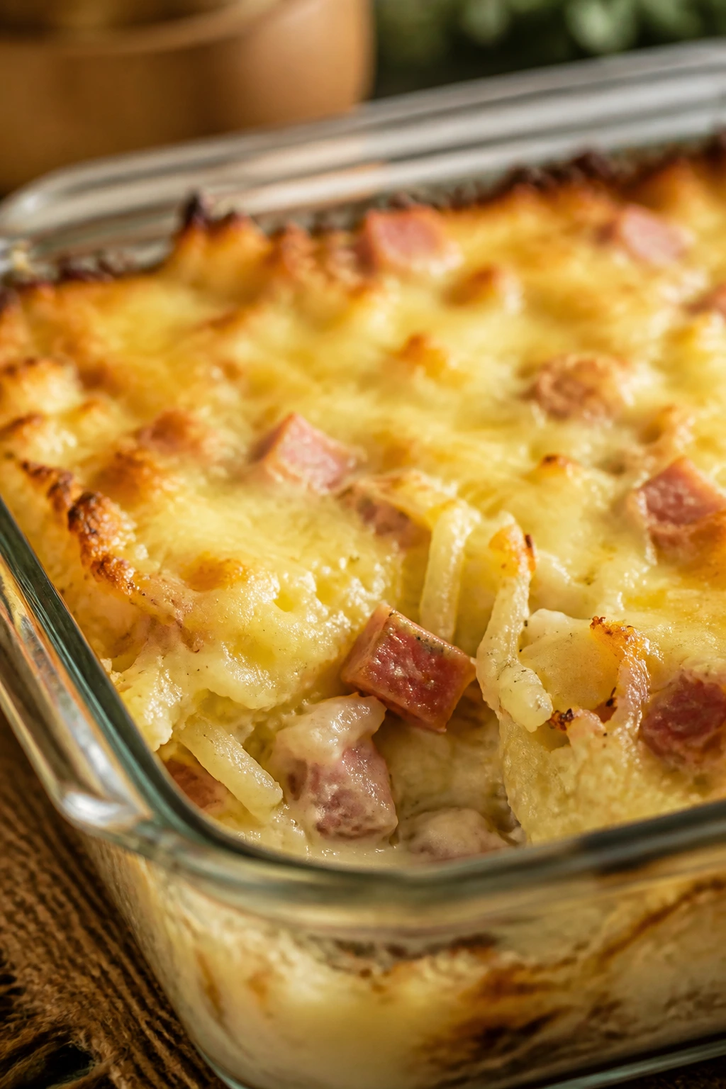 Close-up of Ham and Swiss Hash Brown Casserole with melted Swiss cheese