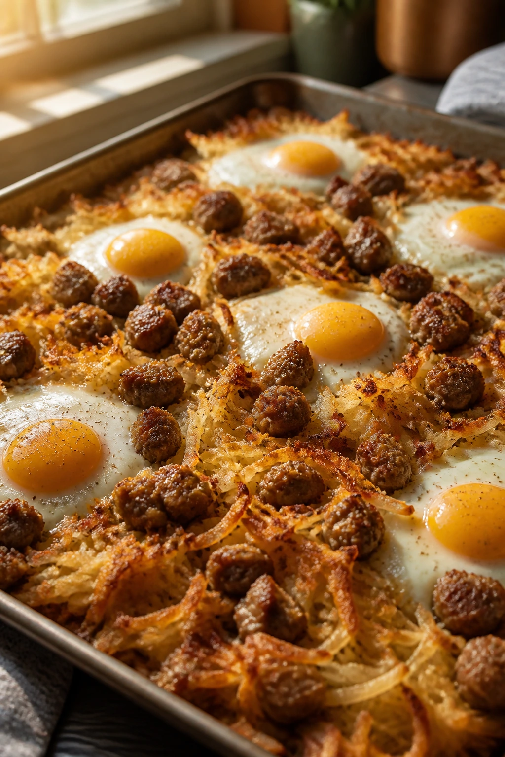 Hash browns, sausage, and eggs on a sheet pan