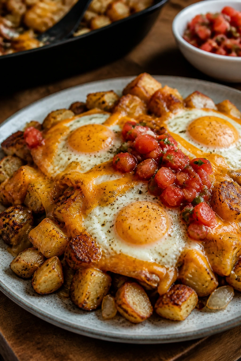 Close-up of egg and potato hash with salsa on a plate, crispy potatoes and runny yolk.