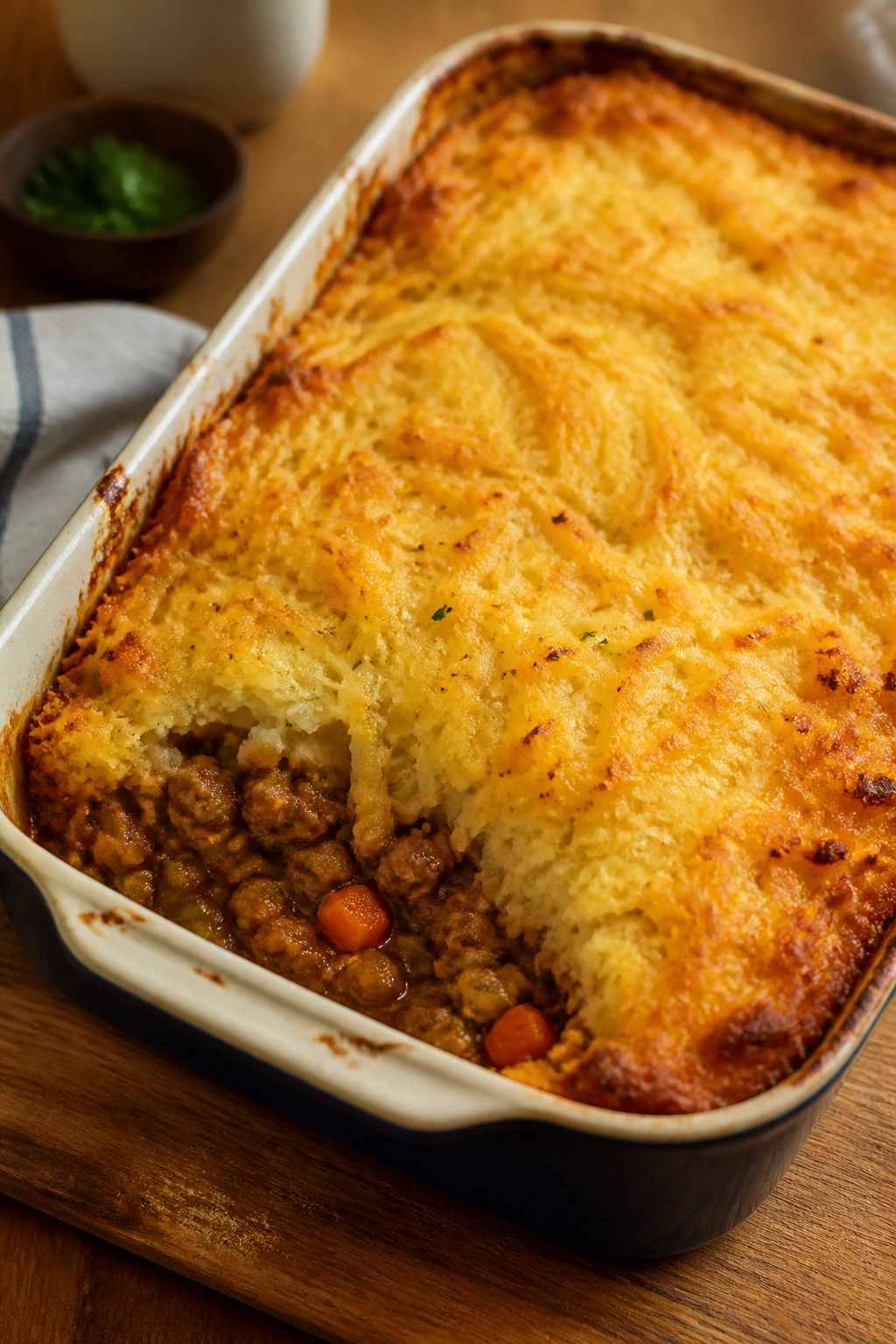 Close-up of golden hashbrown-topped shepherd's pie casserole bubbling in a baking dish