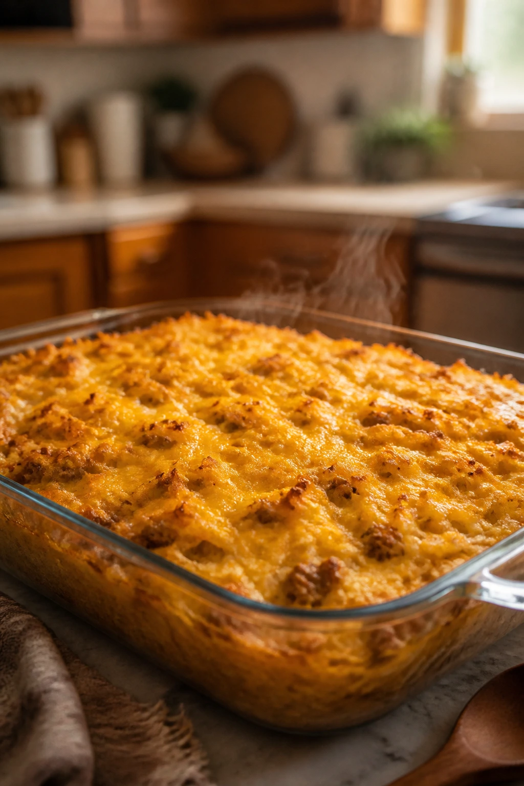 Hashbrown casserole pan steaming on kitchen island