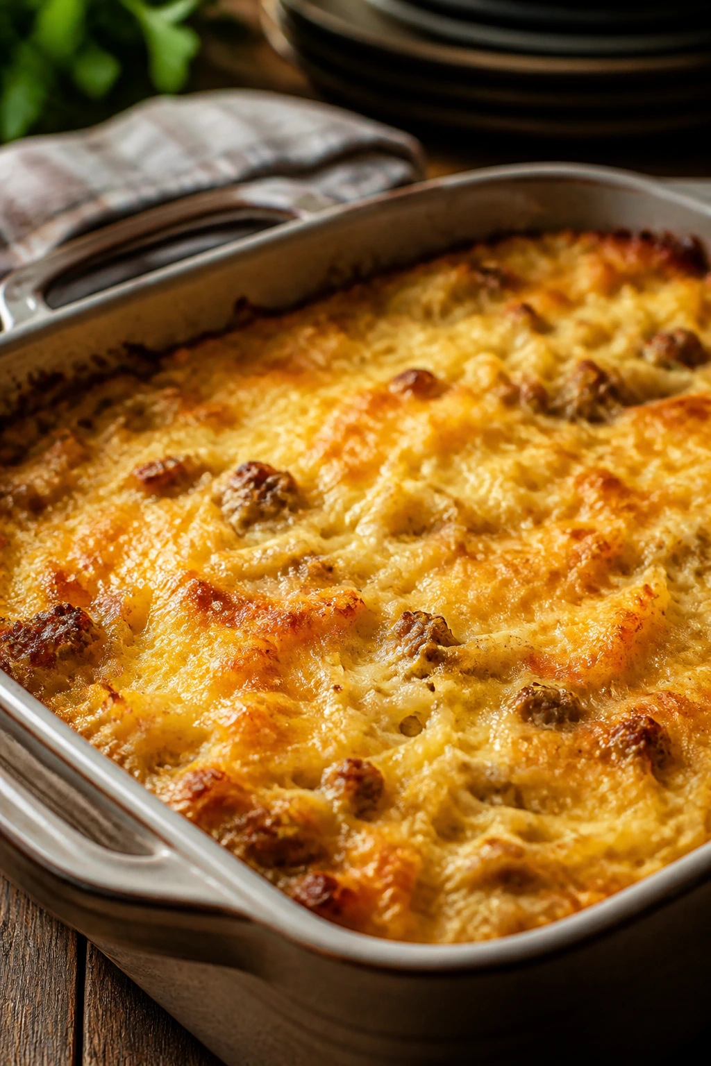 Close-up of hashbrown casserole in a baking dish on a rustic table