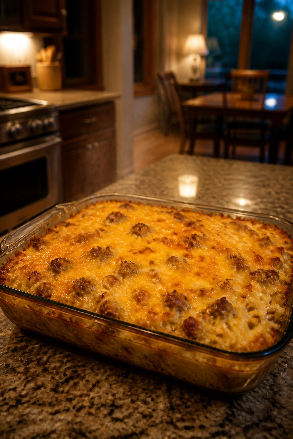 Bubbling hashbrown casserole in a large 9x13 dish in a cozy kitchen