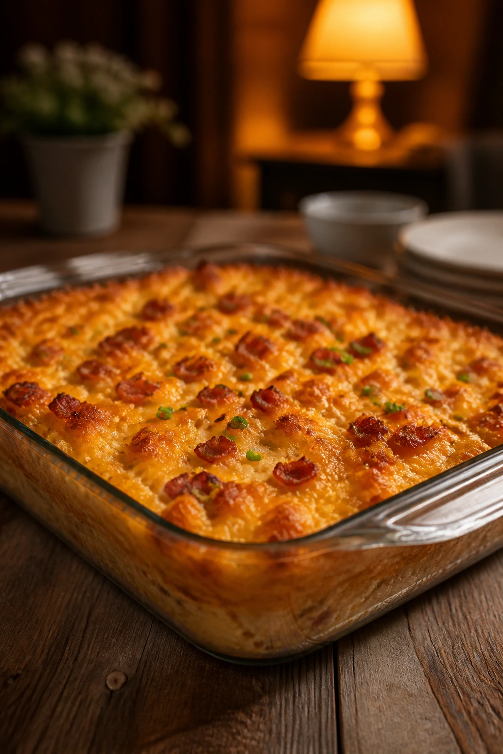 Golden-brown hashbrown casserole in a glass dish on a wooden table