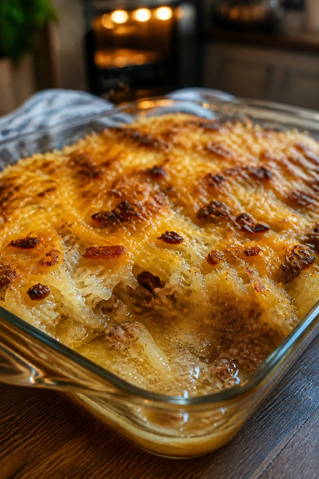 Close-up of hashbrown casserole with watery top in a glass dish in a warm kitchen
