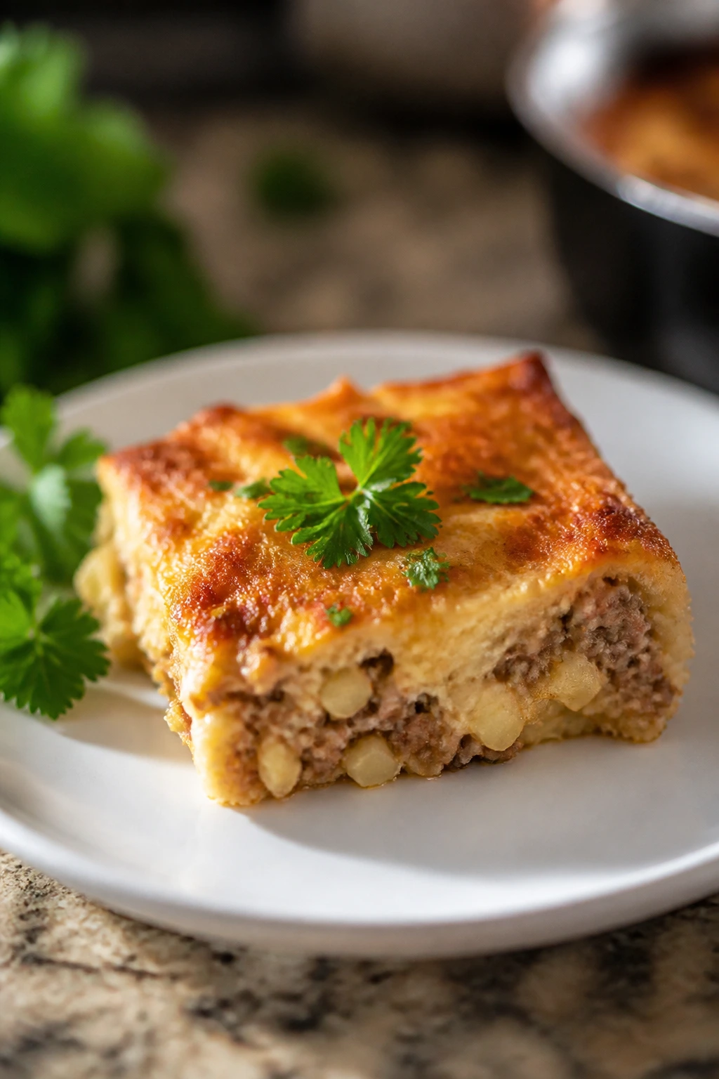 Single hashbrown casserole square plated with herb garnish