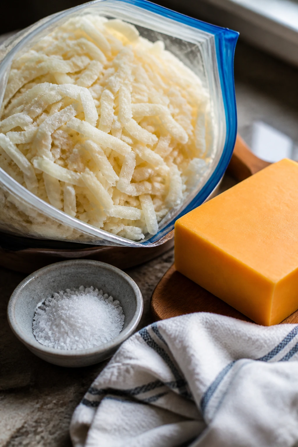 Hashbrowns, cheese, and moisture-control ingredients on a kitchen counter