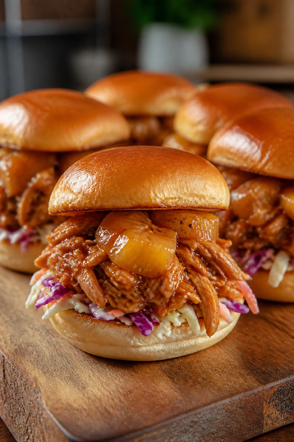 Close-up of glossy Hawaiian chicken sliders on buns with pineapple glaze in a cozy kitchen