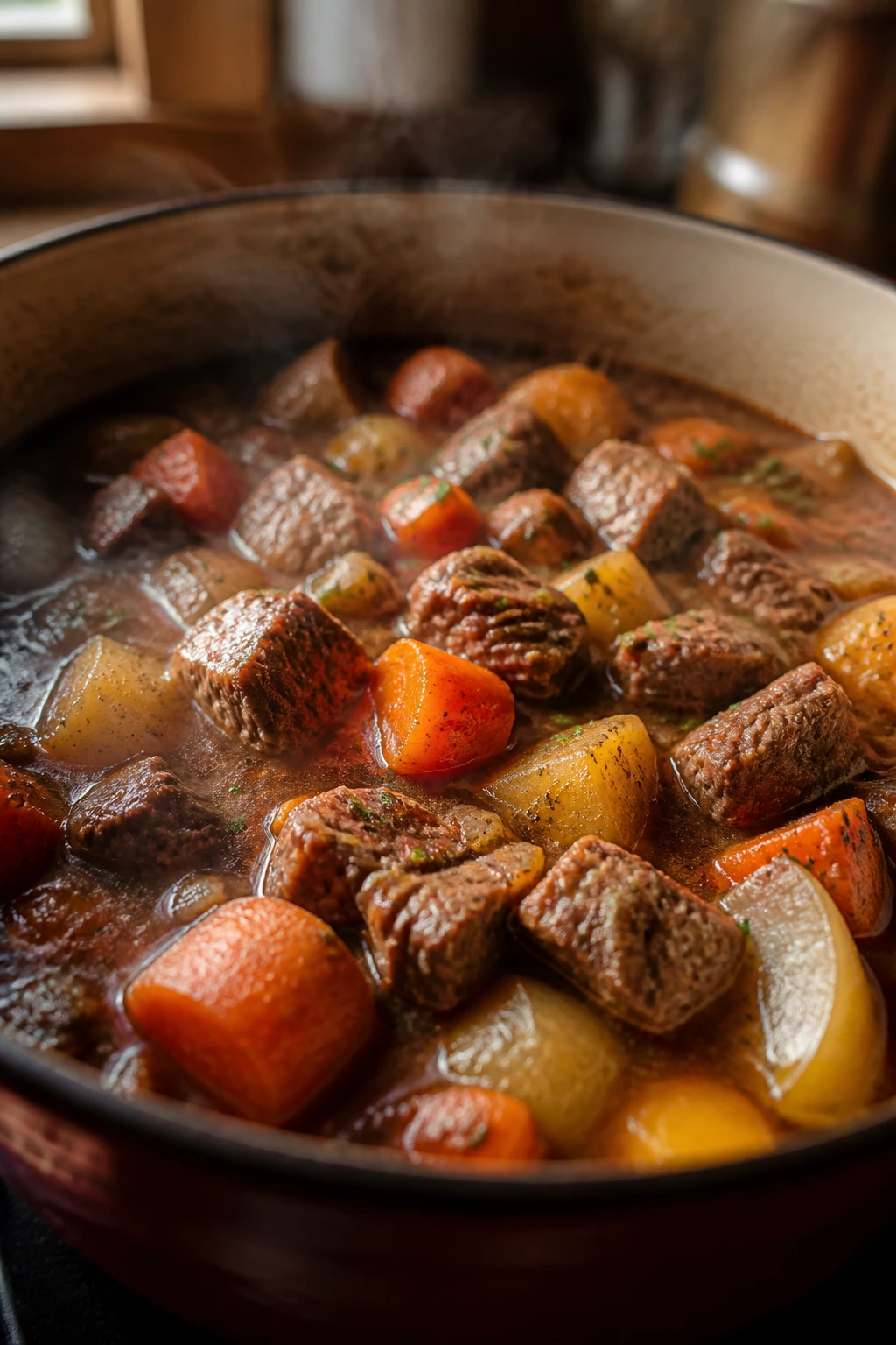 Steaming beef stew in a heavy pot with root vegetables in a warm rustic kitchen
