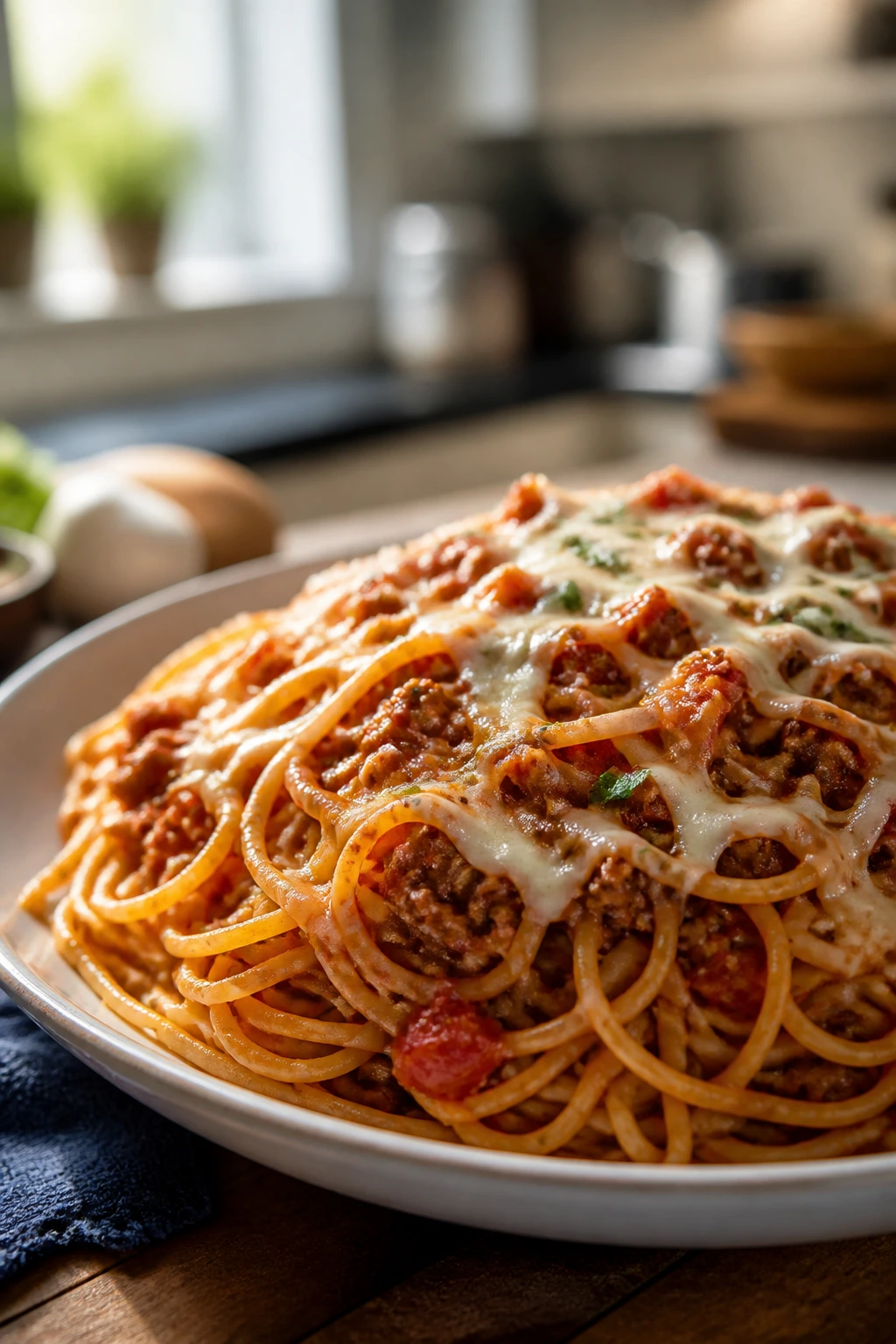 Close-up of a hearty, generously portioned pasta dinner plate in a cozy kitchen.