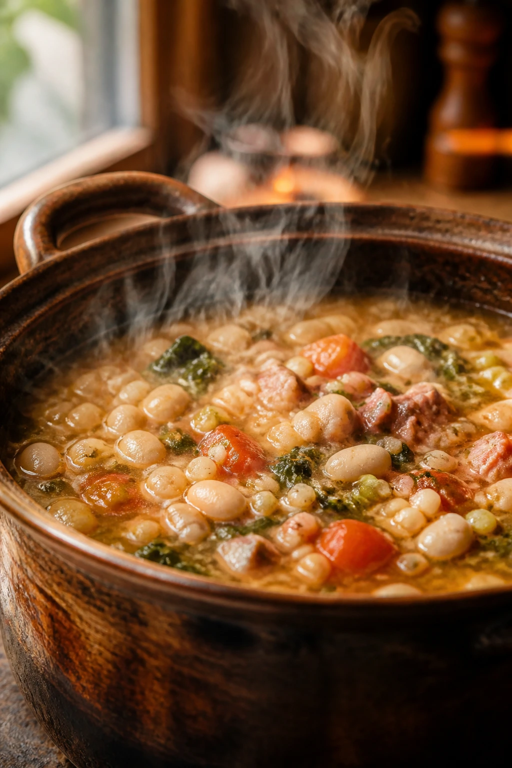 Close-up of a hearty pot of soup with beans and barley steaming in a rustic kitchen