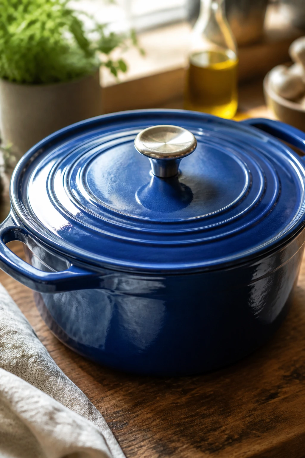 Close-up of a glossy Dutch oven occupying the frame in a cozy kitchen