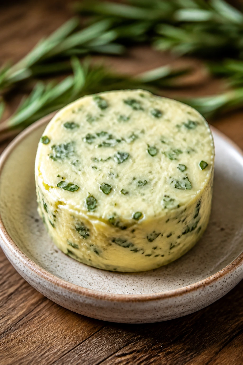 Herb butter pat on small dish with herbs