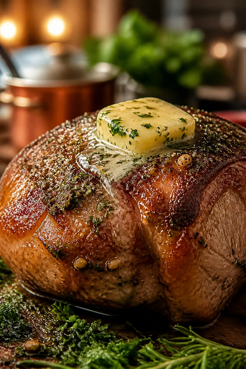 Herb butter melting on a roast with herbs nearby