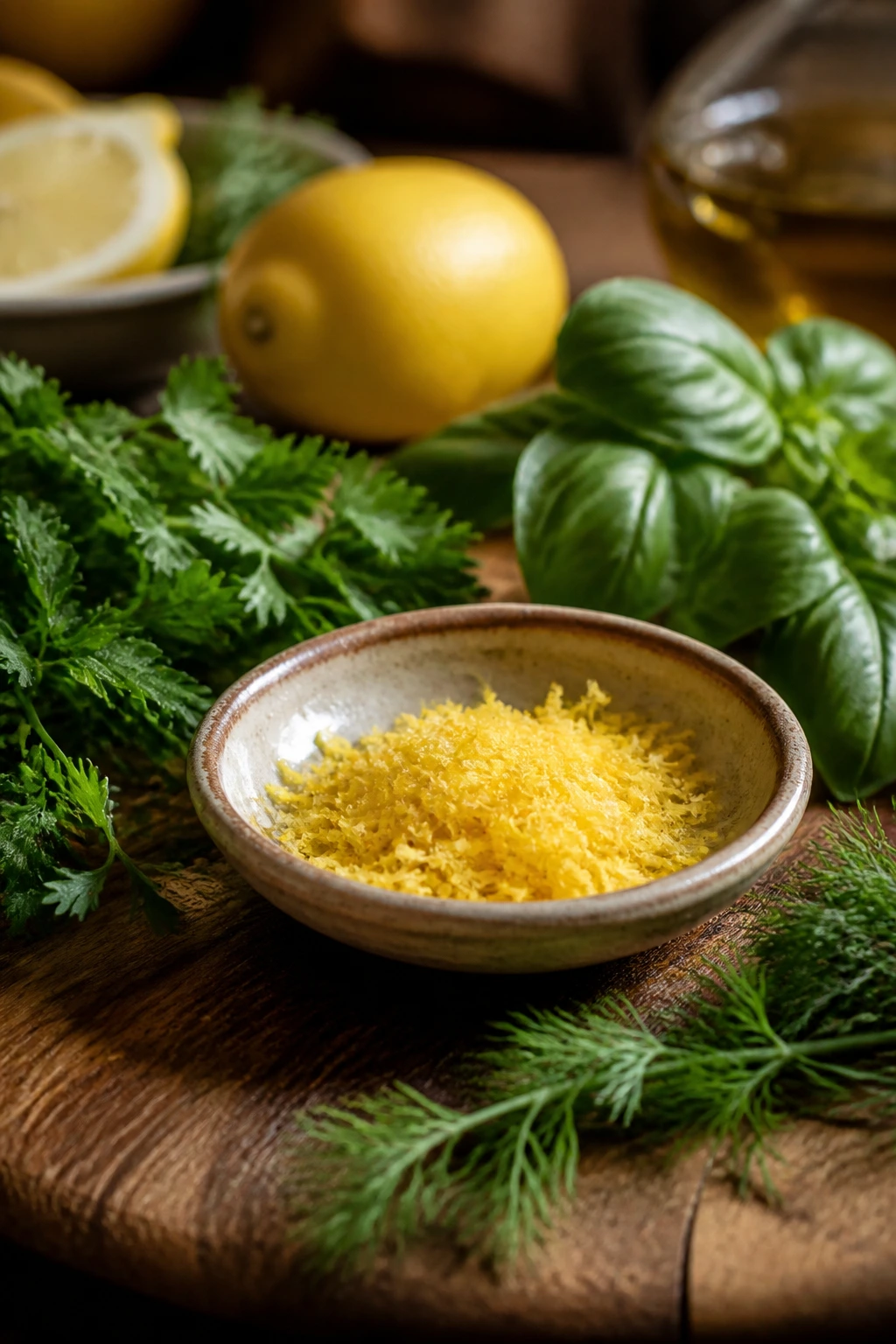 Fresh herbs and citrus zest ready to finish a dish.