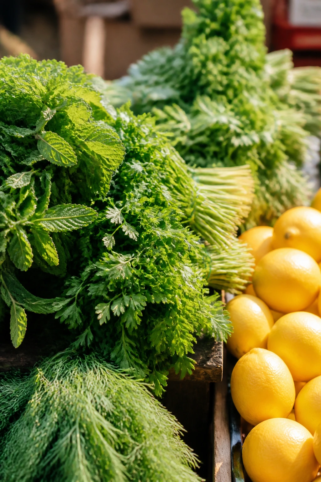 Fresh herbs and lemons at a market stand