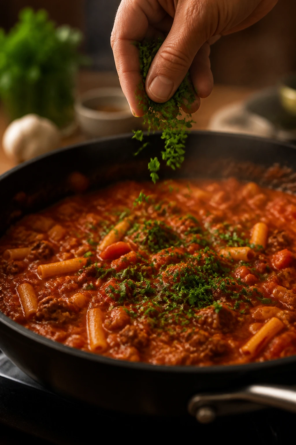 Hand sprinkling fresh herbs over tomato sauce in a skillet