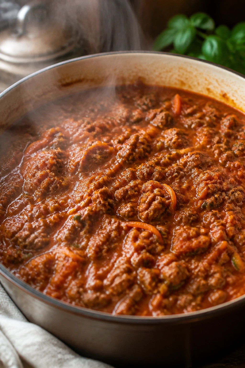 Meat sauce with grated carrots and zucchini in a pot, ready to serve