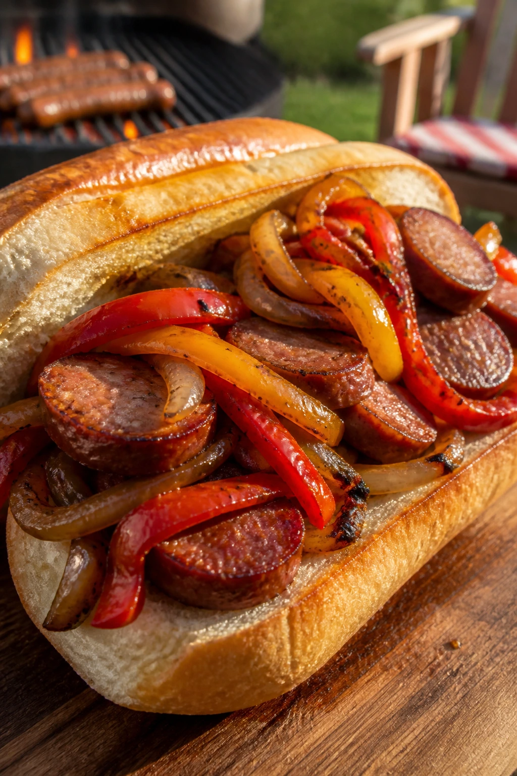 Close-up of a sausage, peppers, and onions hoagie on a wooden board in a backyard setting.