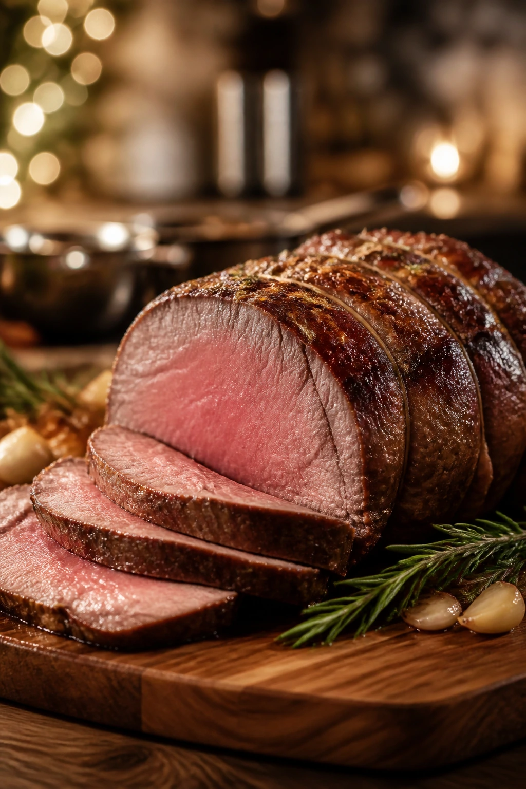 Juicy roast beef on a wooden board in a warm kitchen