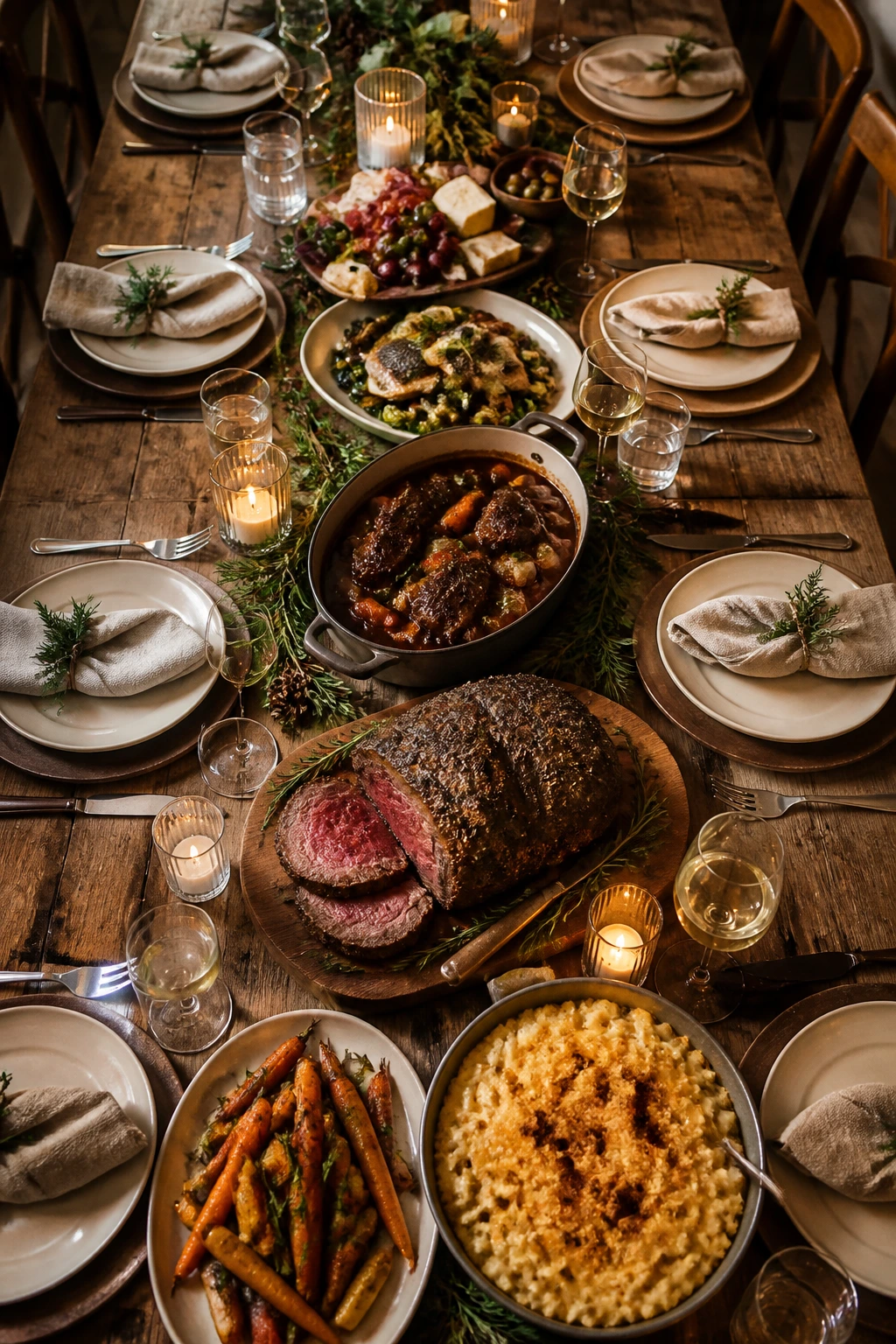 Overhead view of a holiday dinner table with varied dishes and candles