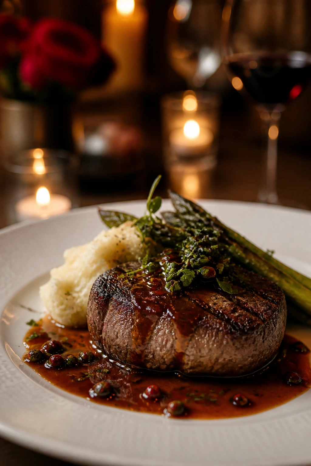 Elegant plated dish with candlelit background for a home anniversary dinner