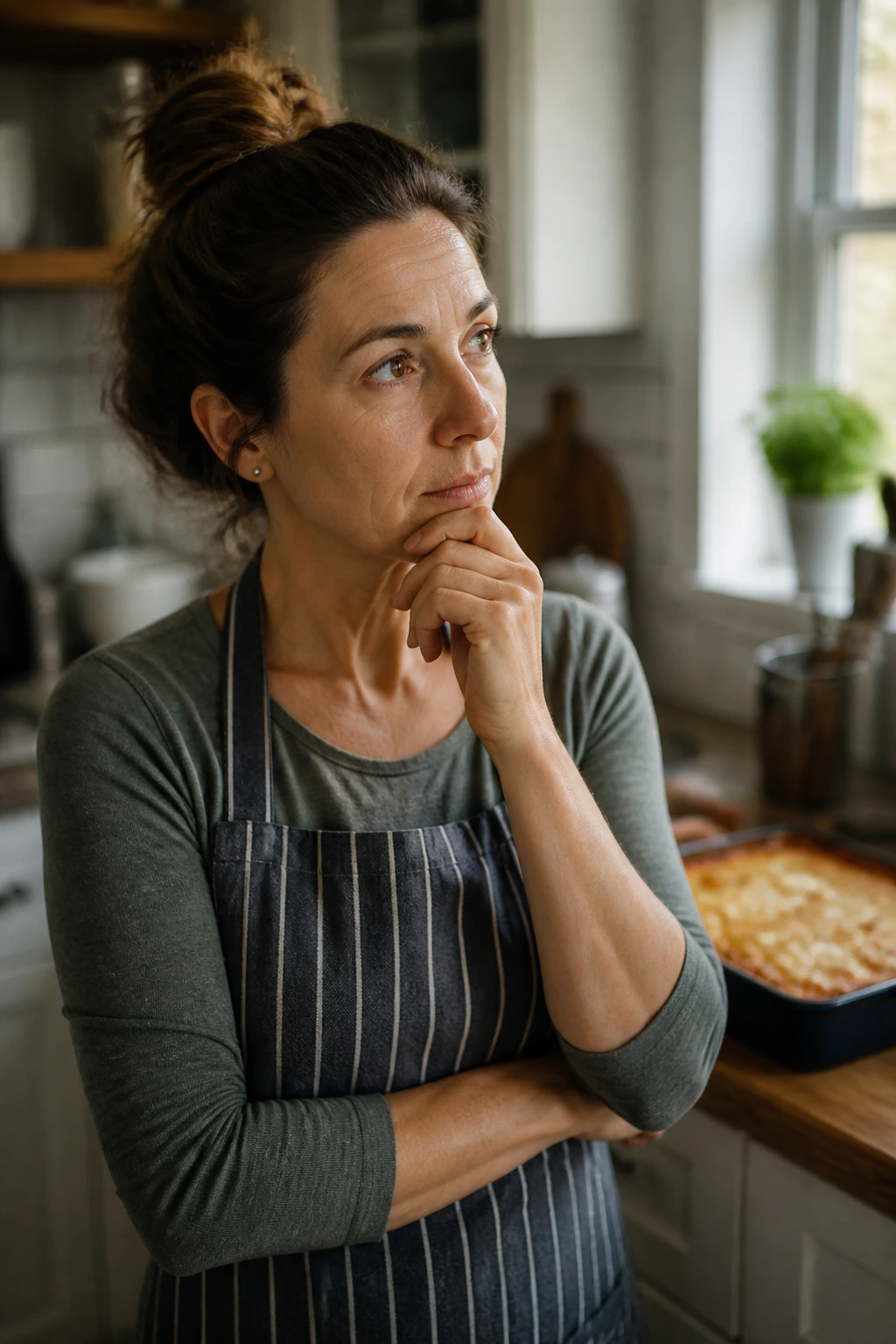 Real home cook pondering before baking with lasagna nearby