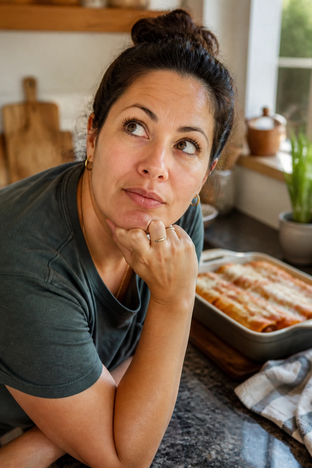 Real home cook in kitchen with thoughtful expression and enchiladas in background