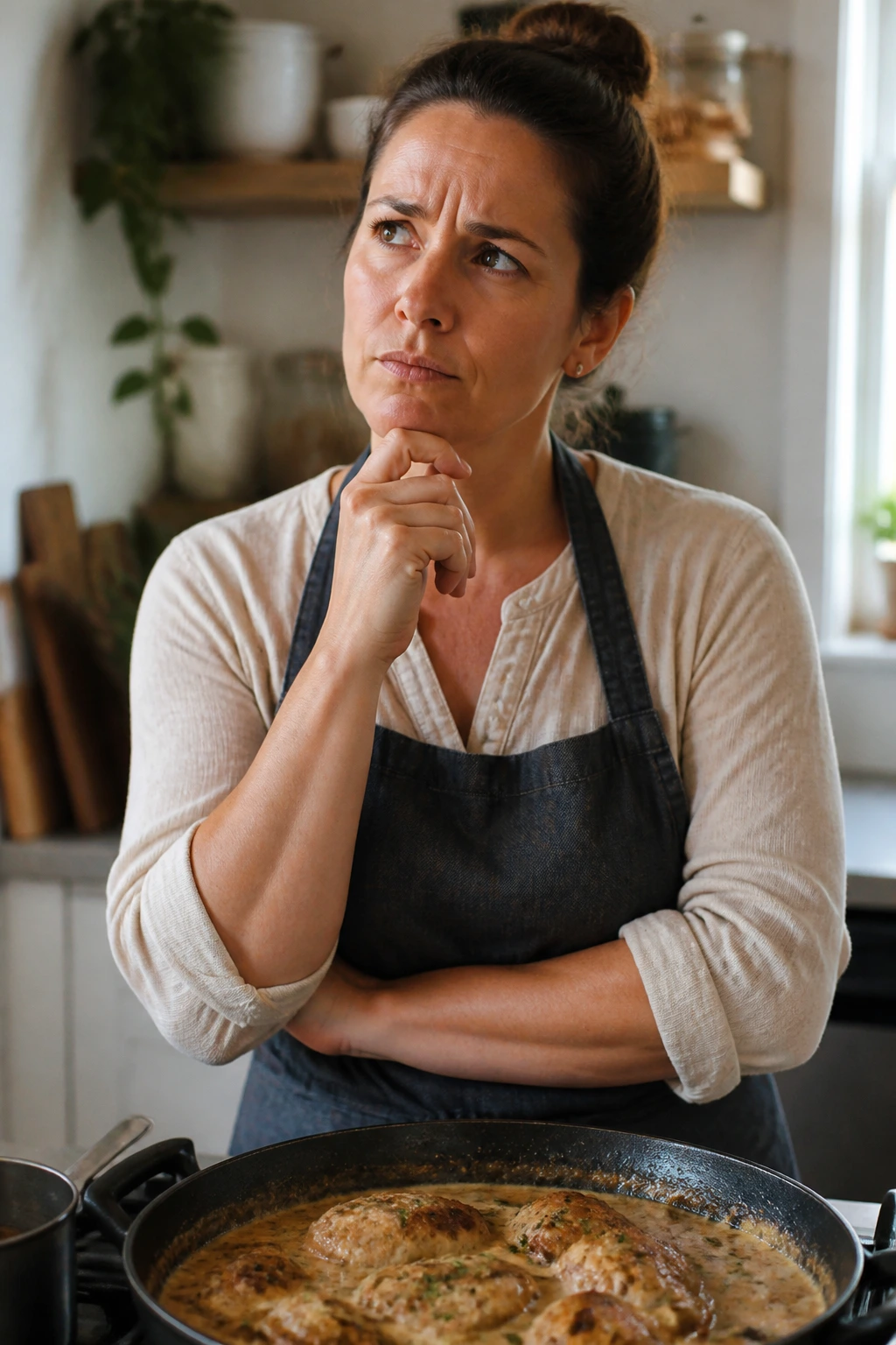 Portrait of a thoughtful home cook in a kitchen, pondering cooking questions