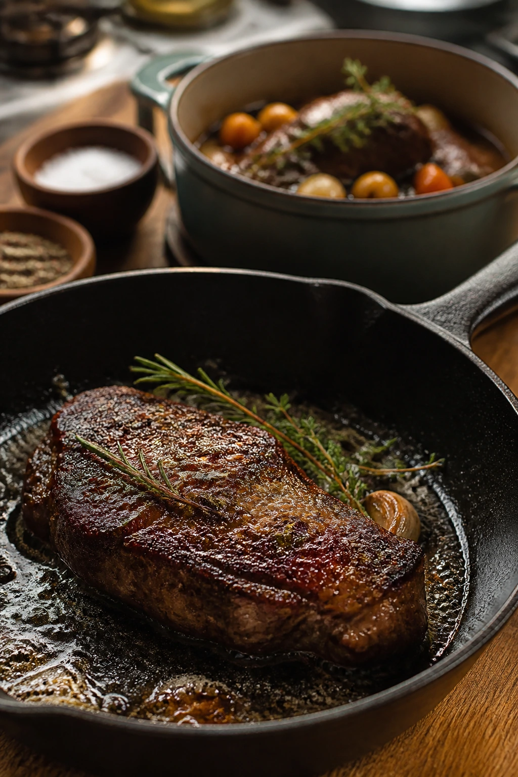 Sizzling skillet with seared steak and braising setup in warm home kitchen