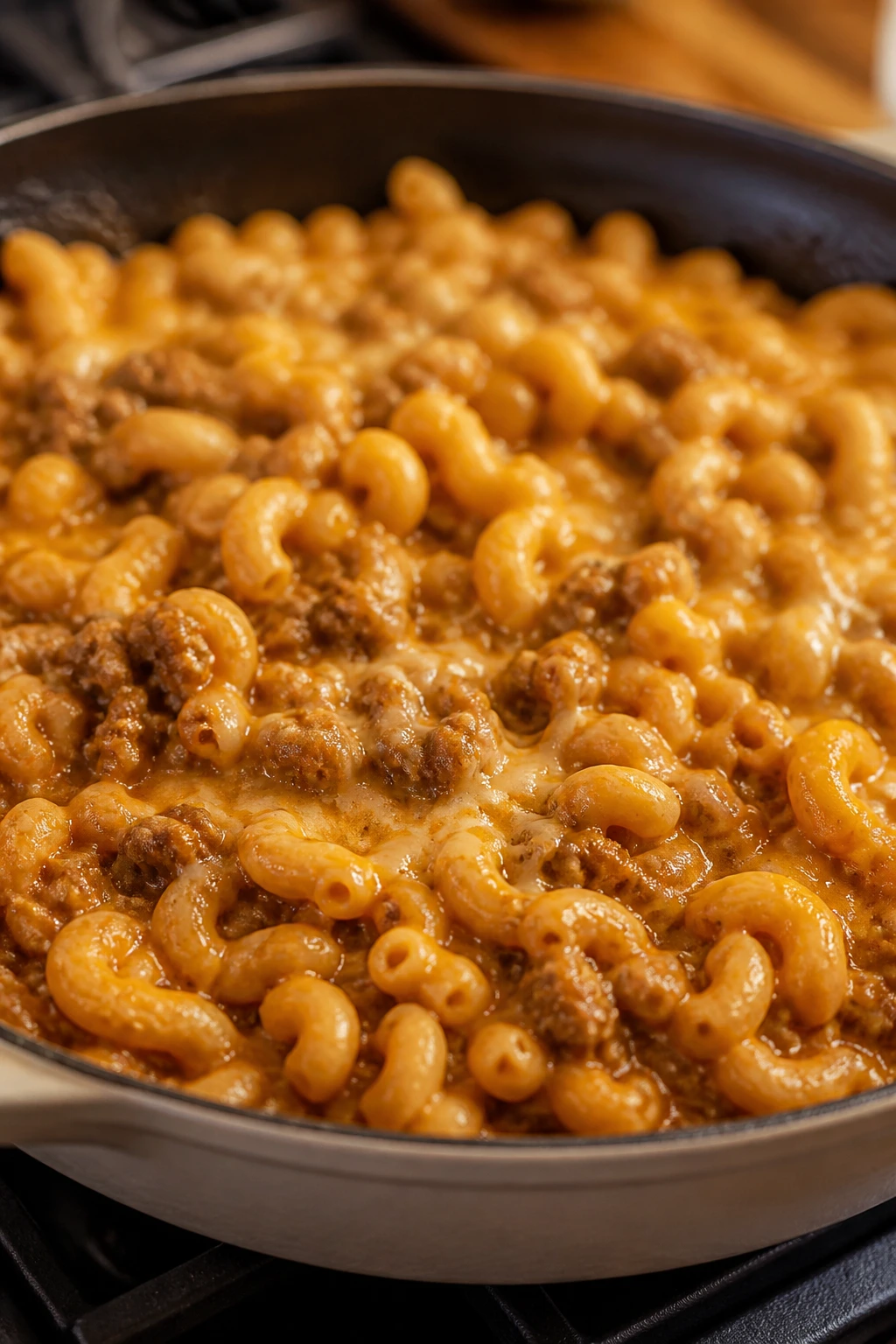 Creamy Hamburger Helper with macaroni and beef in a skillet