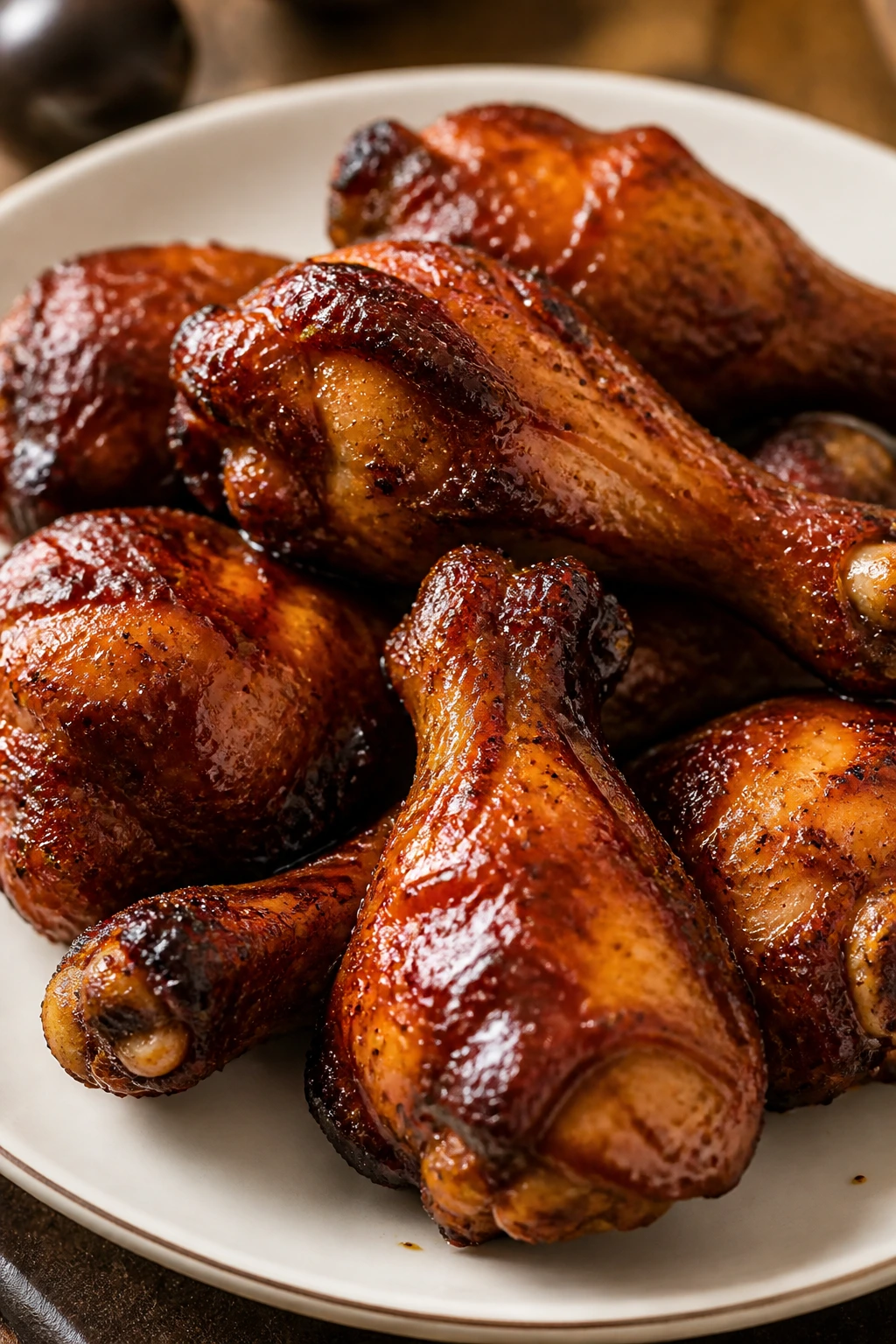 Glossy honey BBQ chicken drumsticks on plate