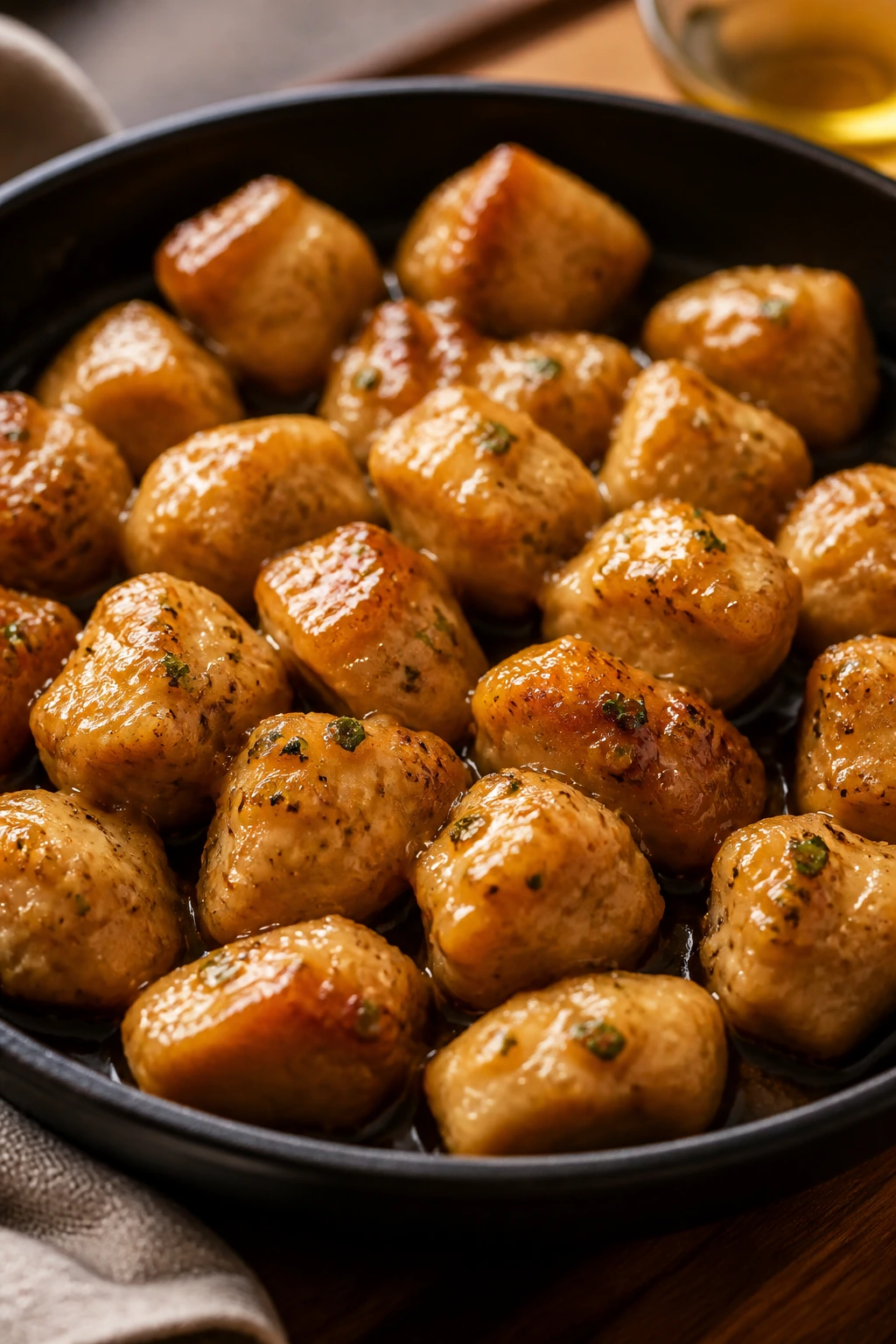 Glossy honey butter chicken bites in a skillet with a shiny glaze