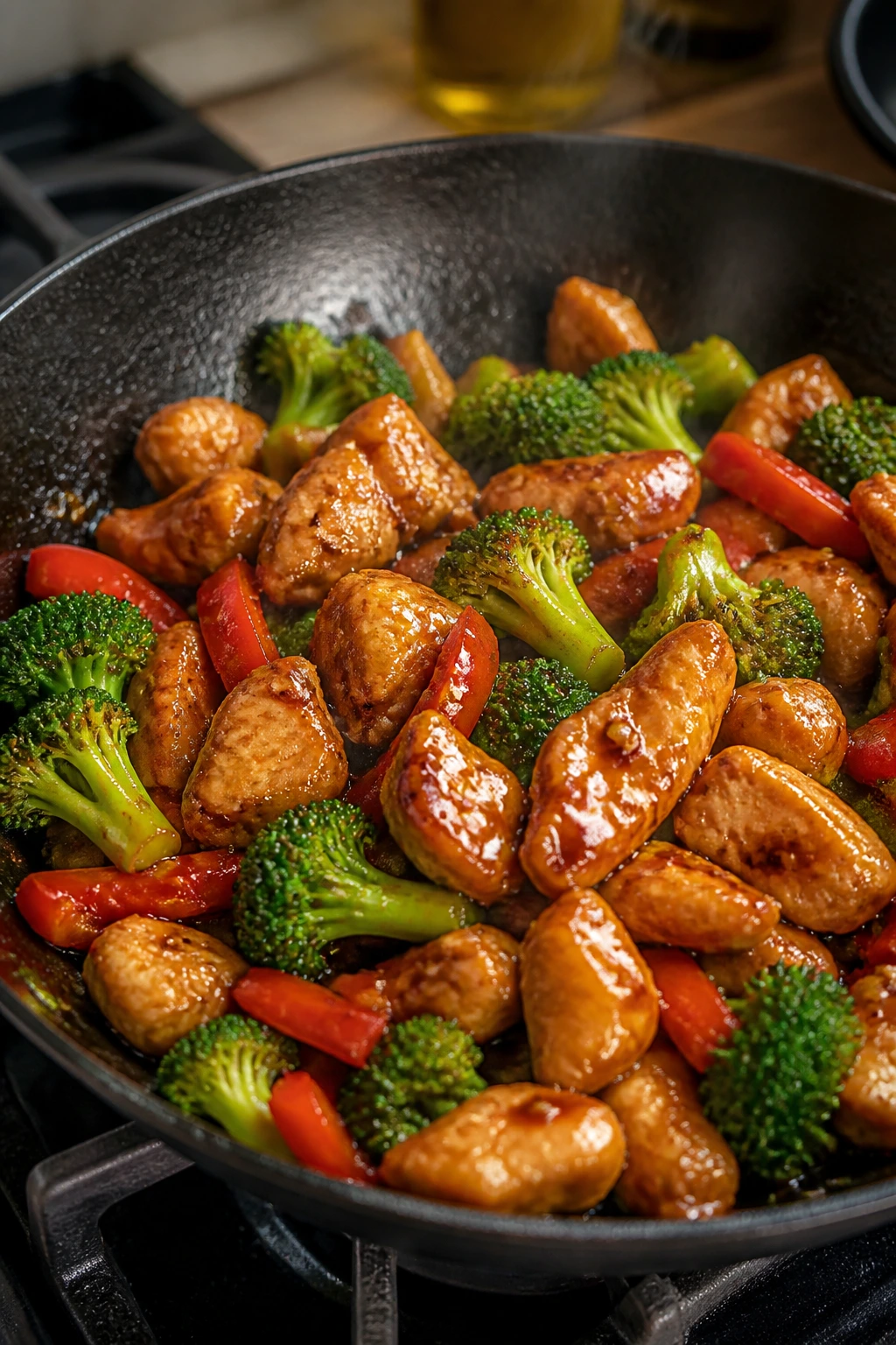 Close-up of glossy honey garlic chicken stir-fry with broccoli and peppers in a sizzling wok