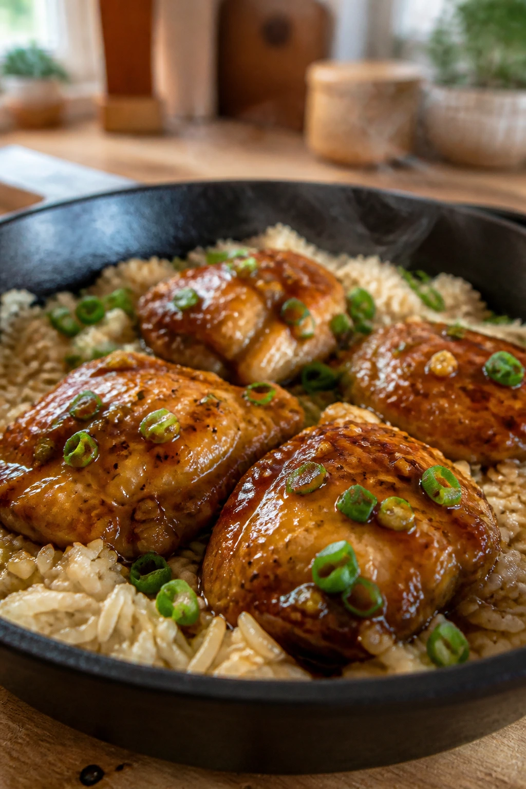 Skillet of honey garlic chicken over white rice with steam