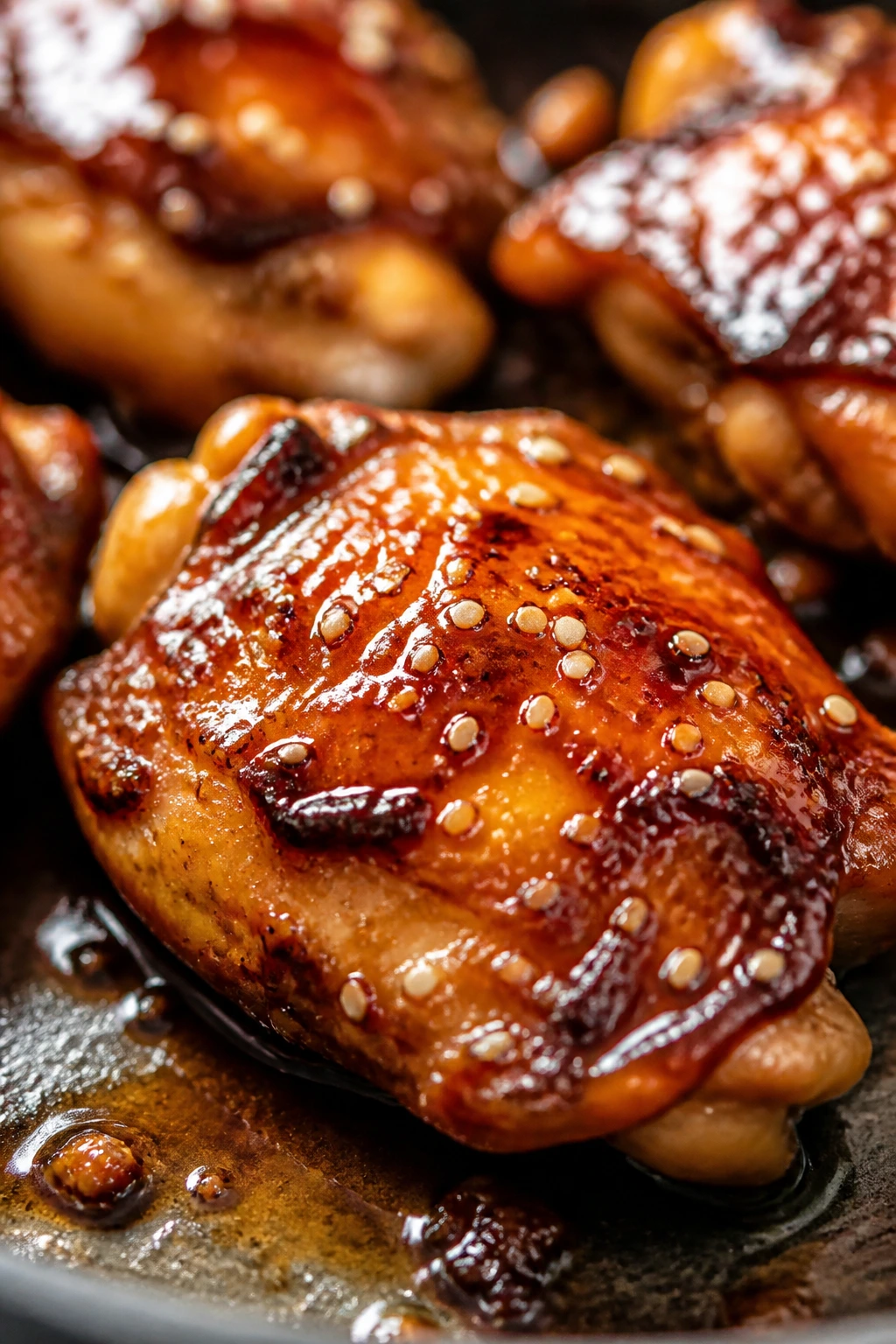 Close-up of honey-garlic glazed chicken thigh with sesame seeds