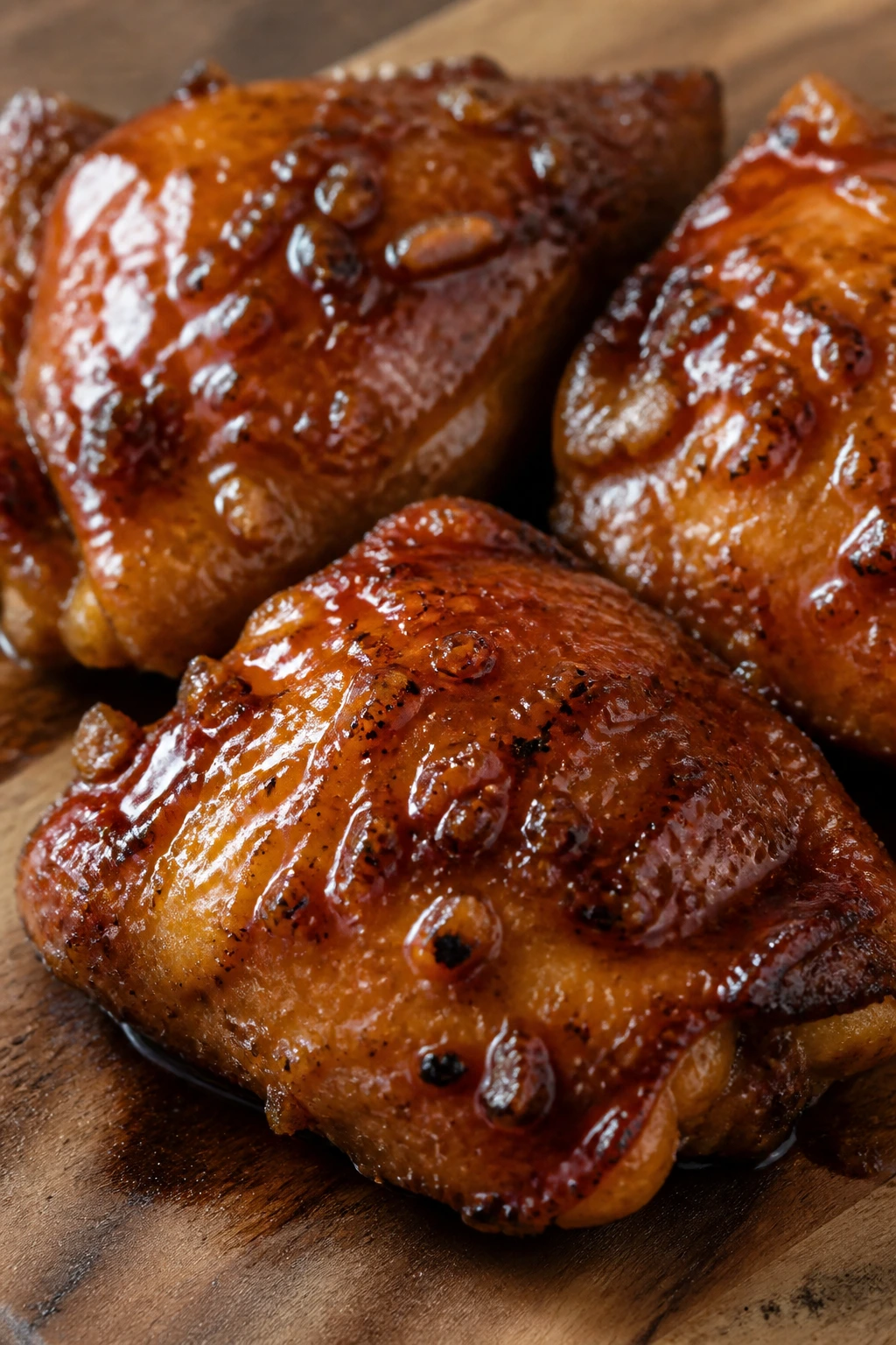 Close-up of honey garlic glazed chicken thighs