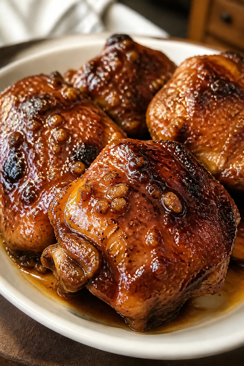 Close-up of glossy honey garlic chicken thighs with glaze on a plate.