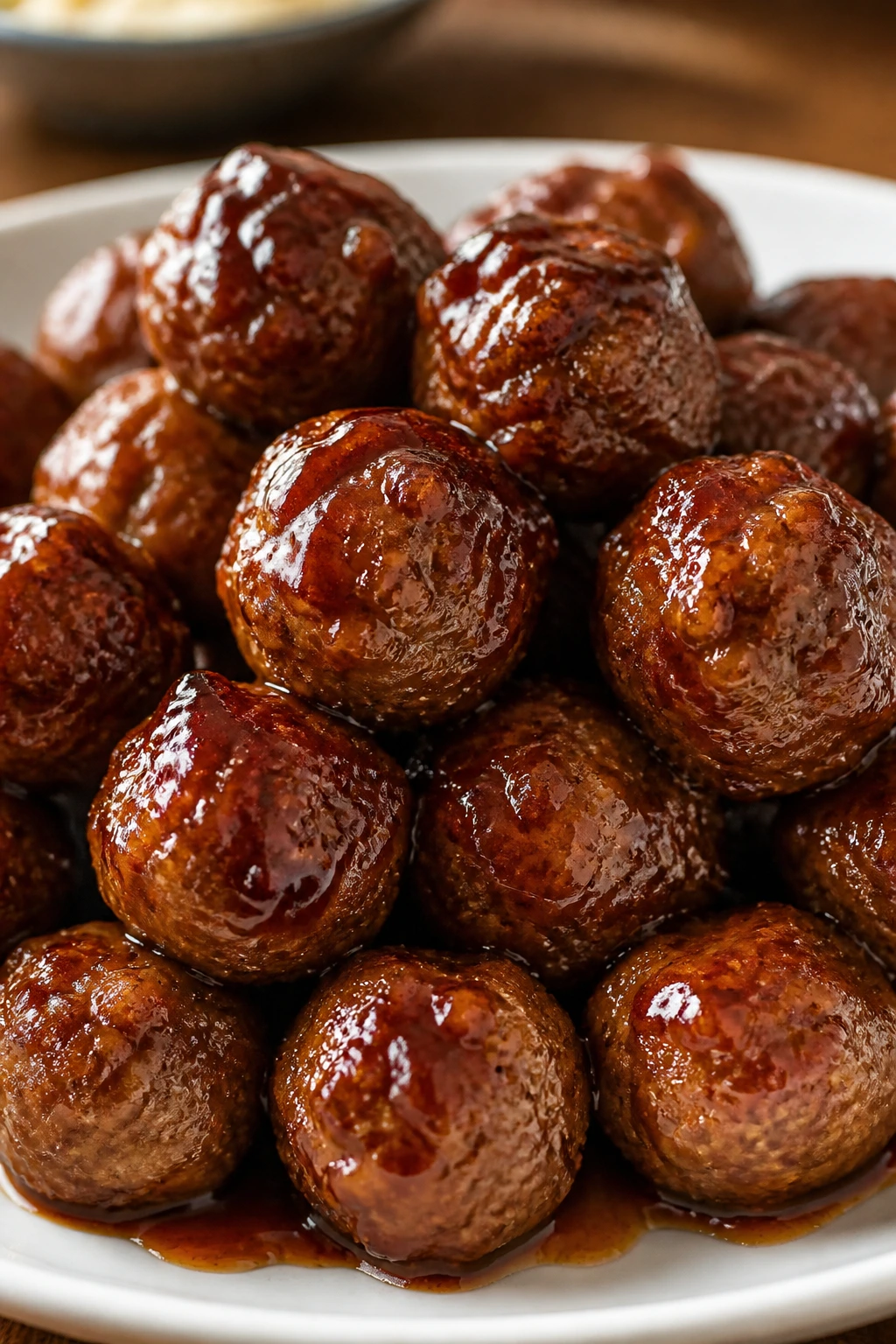 Close-up of glossy honey garlic meatballs on a plate