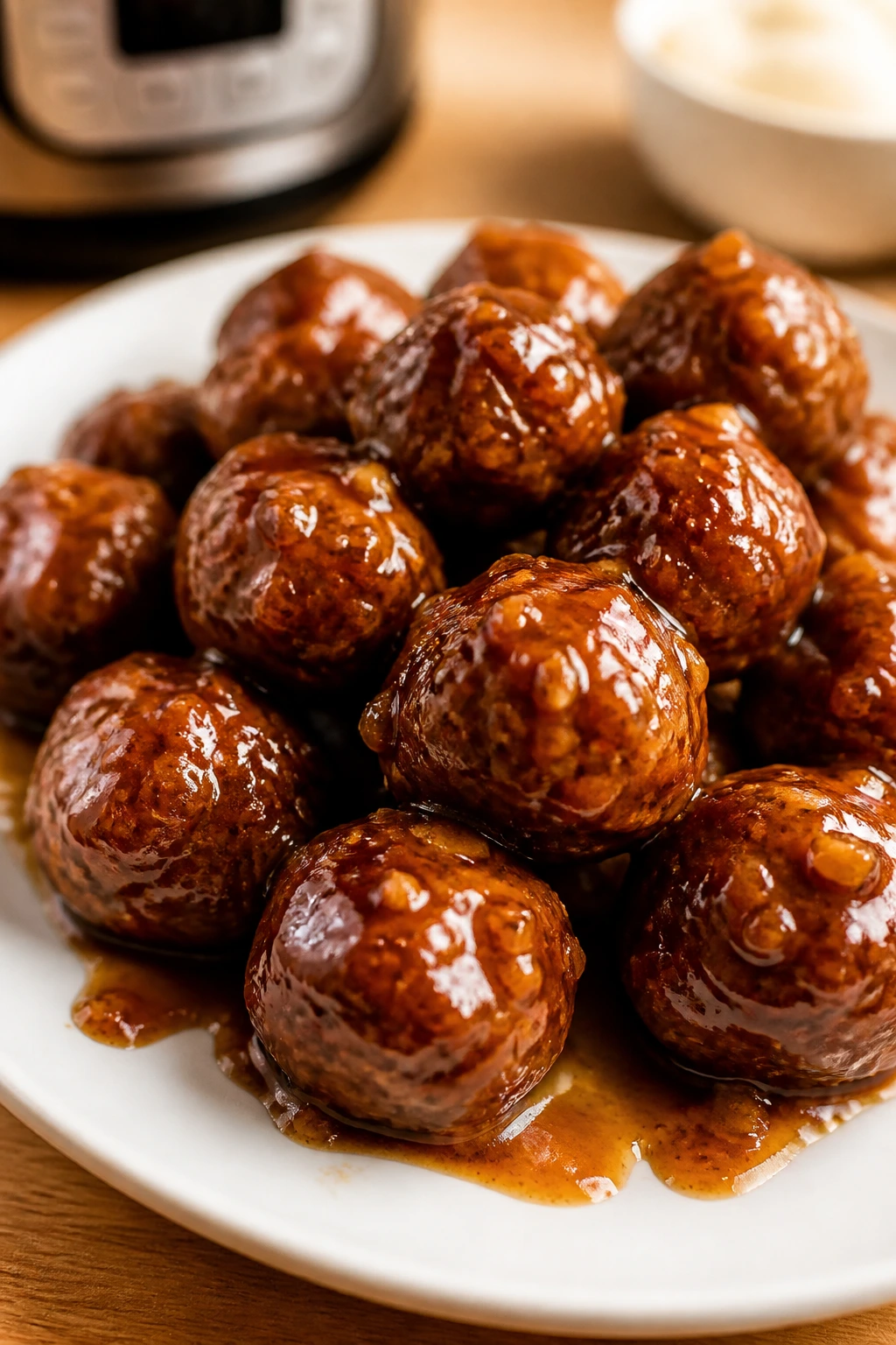 Meatballs in honey garlic glaze on a white plate