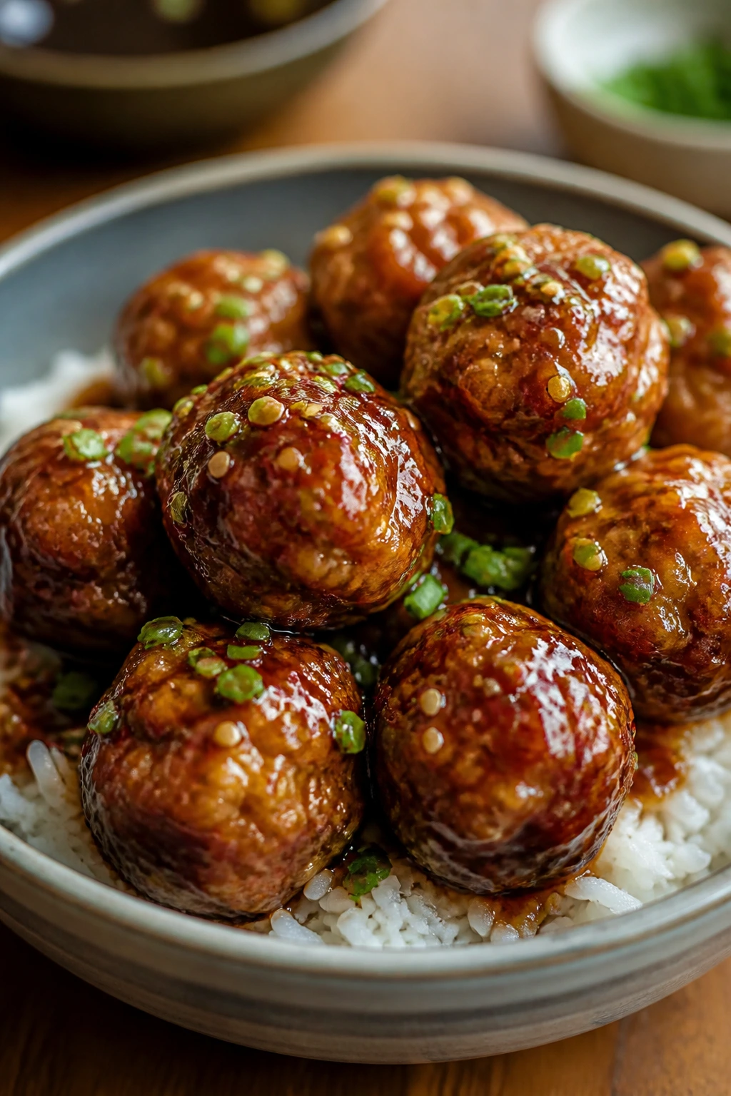 Meatballs in honey-garlic sauce over rice in a bowl