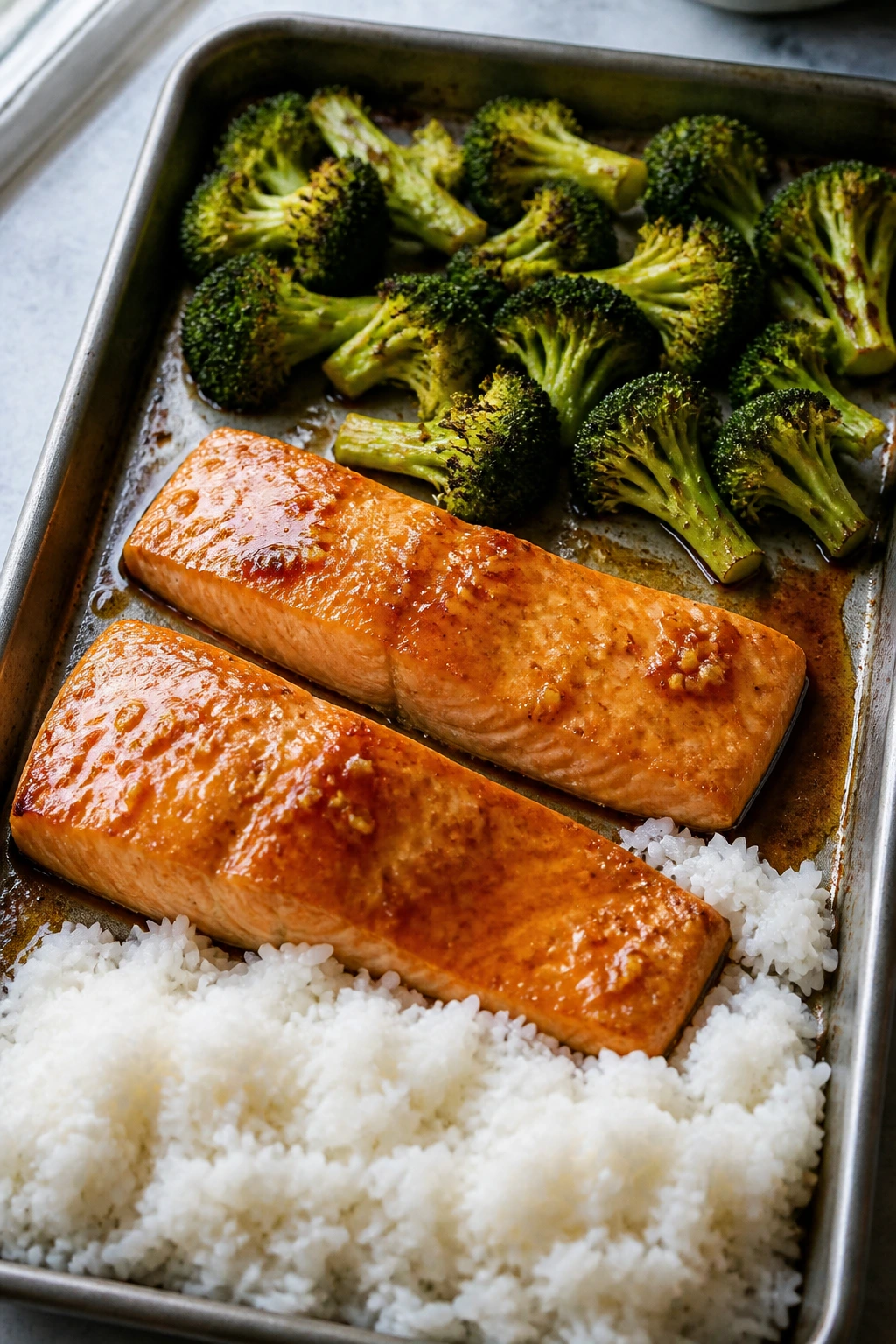 Close-up of honey-garlic-glazed salmon with broccoli and rice on a sheet-pan