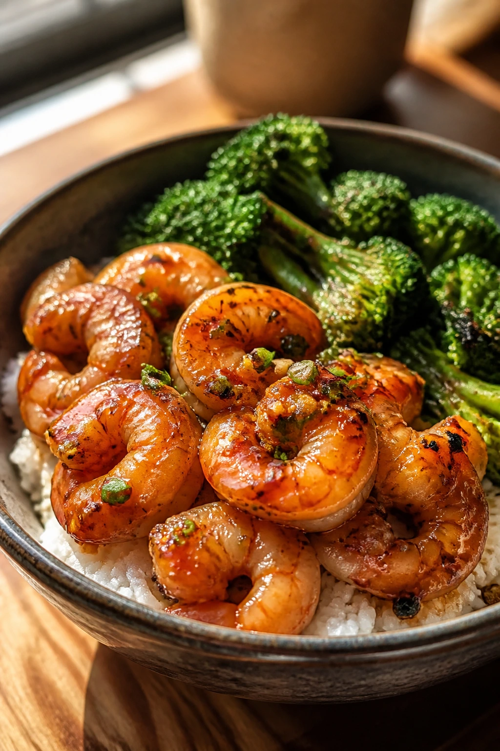 Close-up honey garlic shrimp rice bowl with broccoli and glossy sauce.