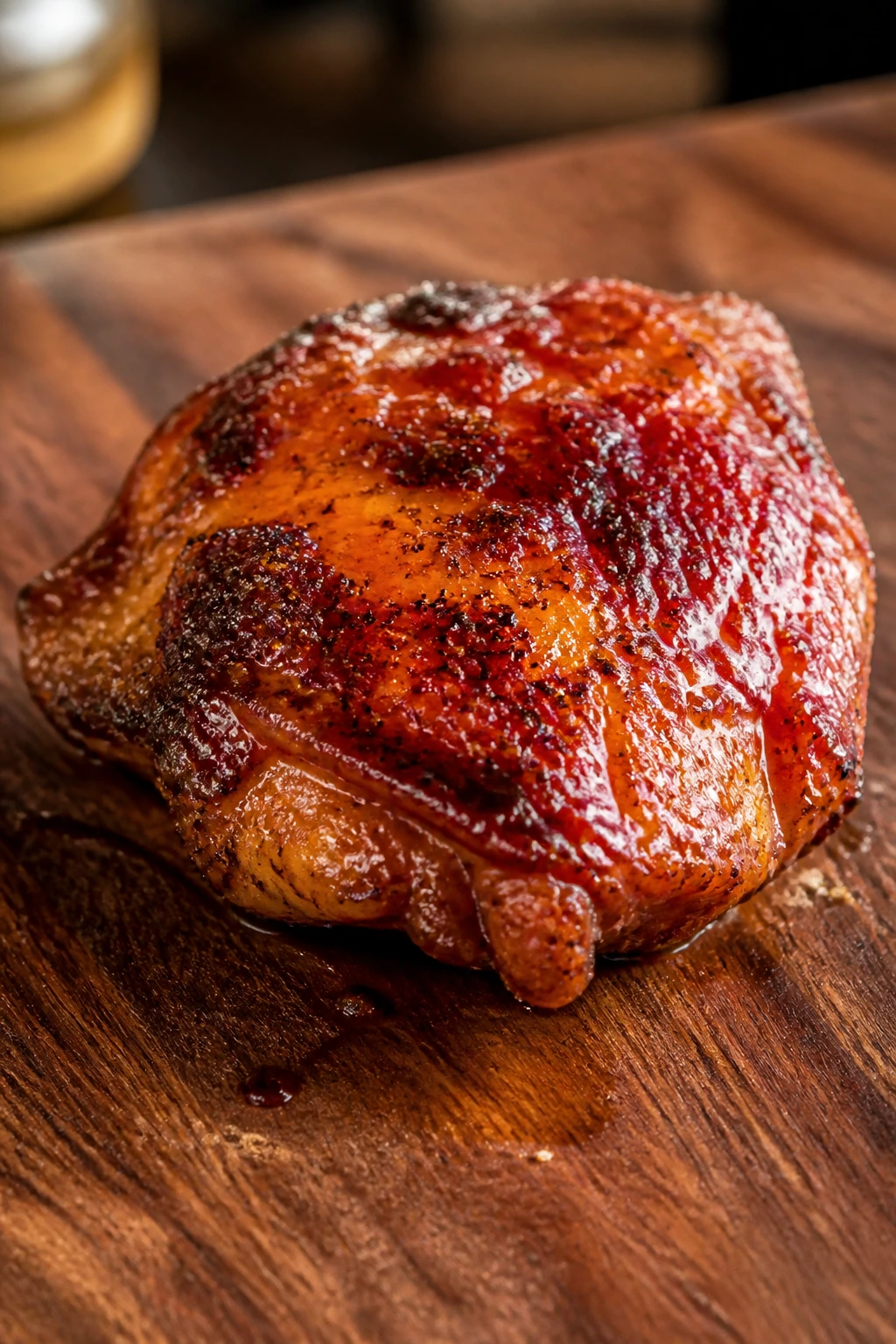 Honey-glazed smoked chicken thigh on wooden board