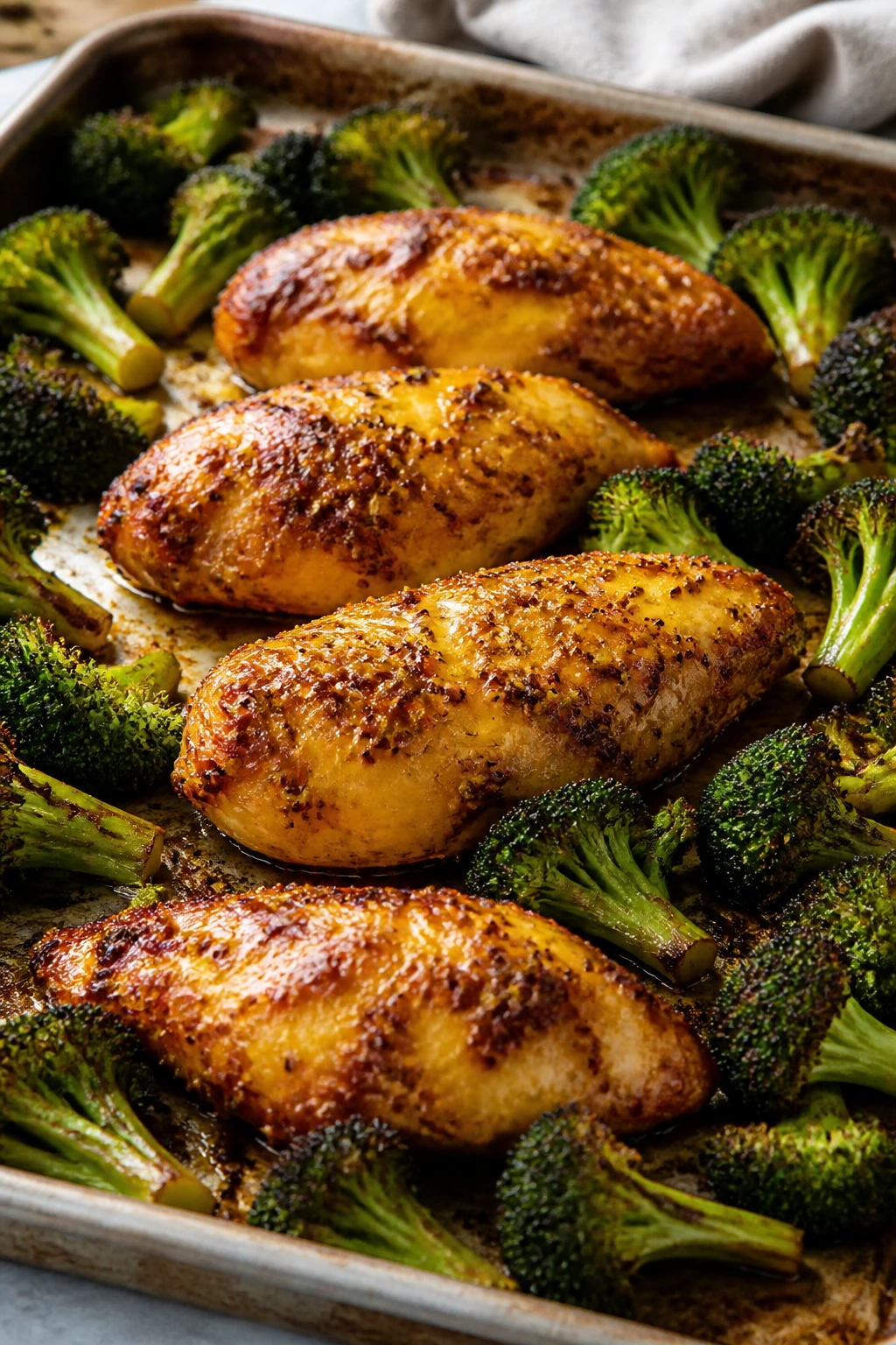 Sheet pan with honey mustard chicken and broccoli