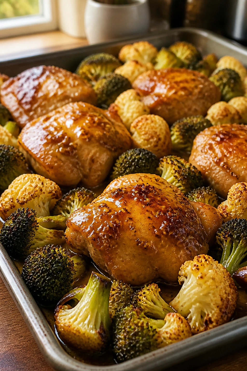 Glossy honey mustard chicken with broccoli and cauliflower on a sheet pan