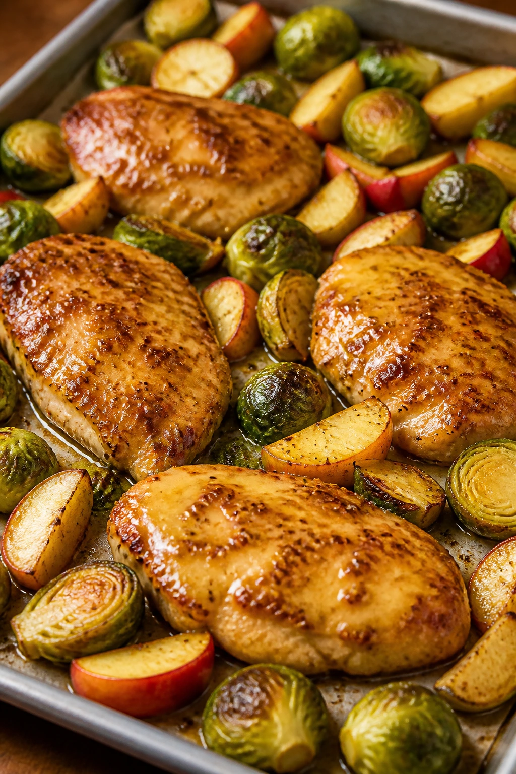 Close-up of honey mustard glazed chicken, Brussels sprouts, and apples on a sheet pan in a warm kitchen