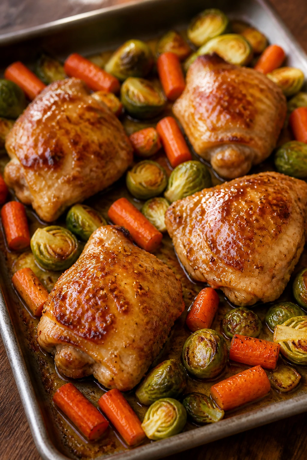 Close-up of honey mustard chicken with Brussels sprouts and carrots on a sheet pan
